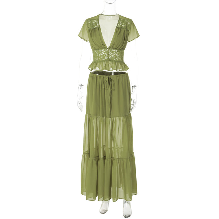 Damen Elegantes Maxikleid mit Spitzenoberteil und fließendem Saum Drune