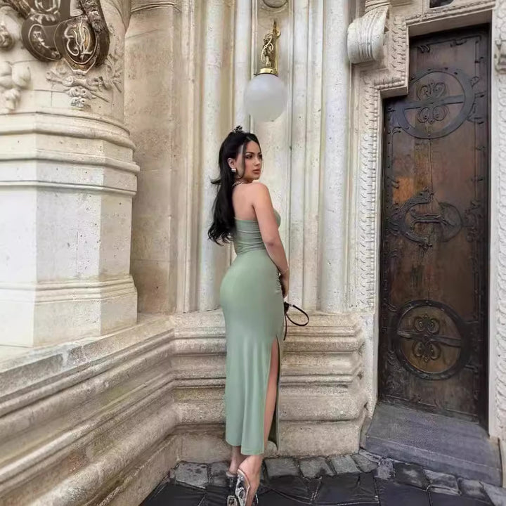 Damen elegantes langärmliges Maxikleid mit asymmetrischem Ausschnitt und Rüschendetails Drune