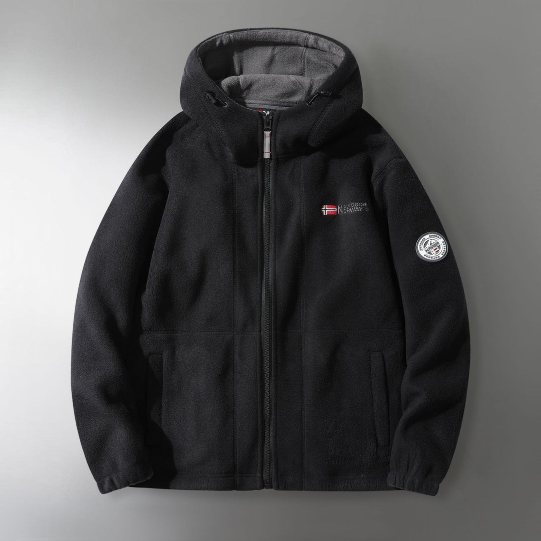 Herren Microfleece-Outdoorjacke mit Kapuze, windabweisender Struktur und Logo-Patch Drune