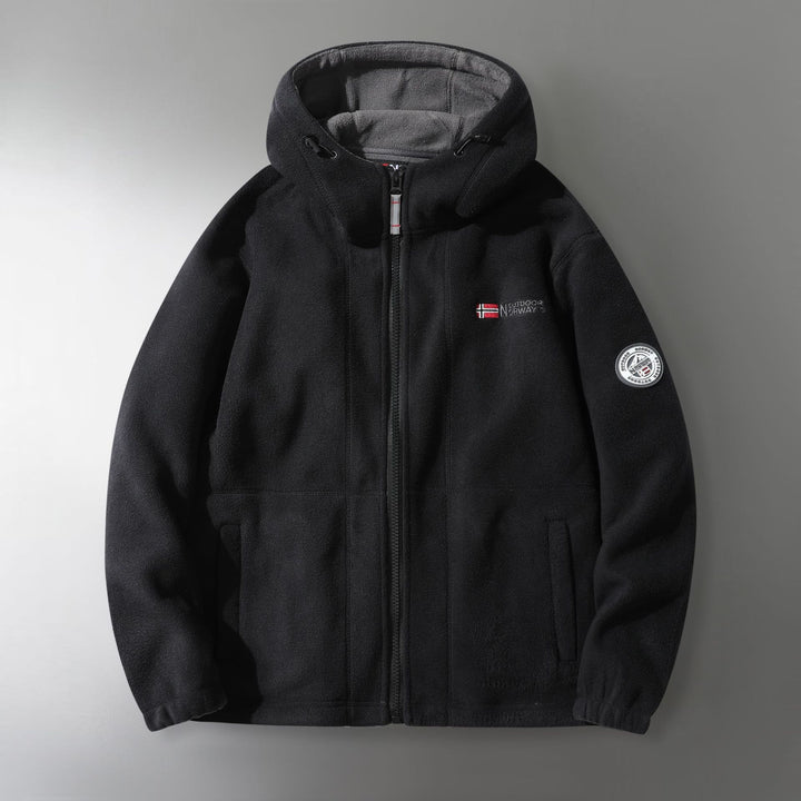 Herren Microfleece-Outdoorjacke mit Kapuze, windabweisender Struktur und Logo-Patch Drune