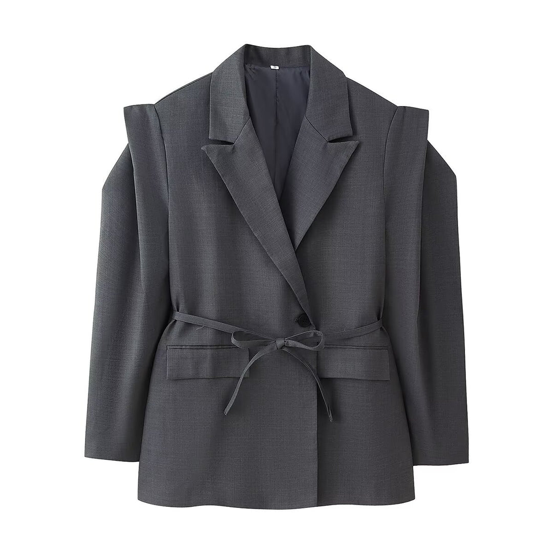 Damen elegante Blazerjacke mit tailliertem Schnitt und Bindegürtel Drune