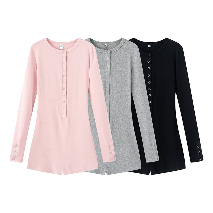 Damen Leichter Rippstrick-Einteiler mit Henley-Knopfleiste und Druckknopfstepper Drune