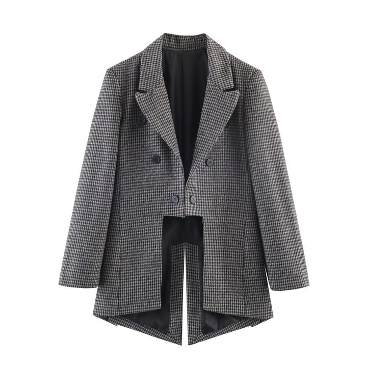 Damen Zweireihiger Hahnentritt-Blazer mit offenem Schlitz-Saum und taillierter Silhouette Drune