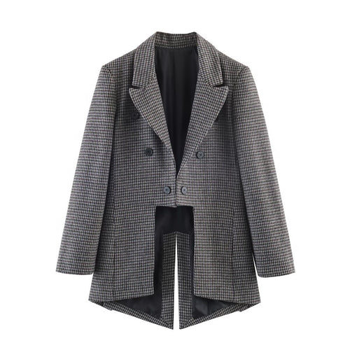 Damen Zweireihiger Hahnentritt-Blazer mit offenem Schlitz-Saum und taillierter Silhouette Drune