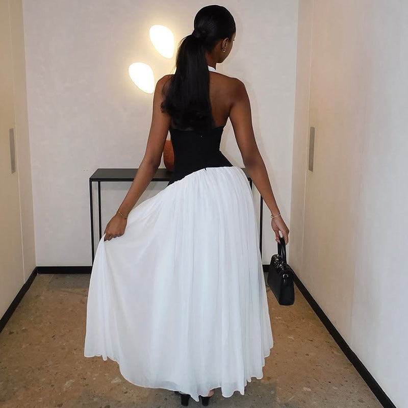 Damen elegantes Maxikleid mit tiefem V-Ausschnitt und betontem Taillenbereich Drune