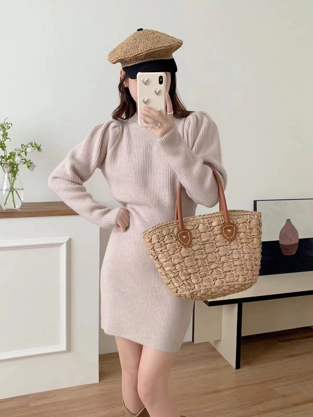 Damen elegantes Strickkleid mit figurbetonter Silhouette und Puffärmeln Drune