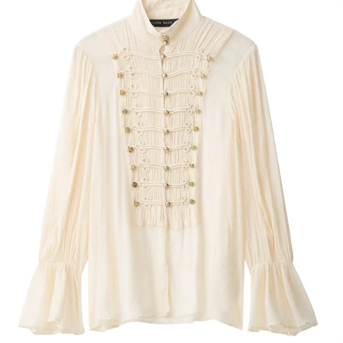 Damen Bluse im Military‑Plastron‑Look mit Stehkragen und Plisséeärmeln Drune