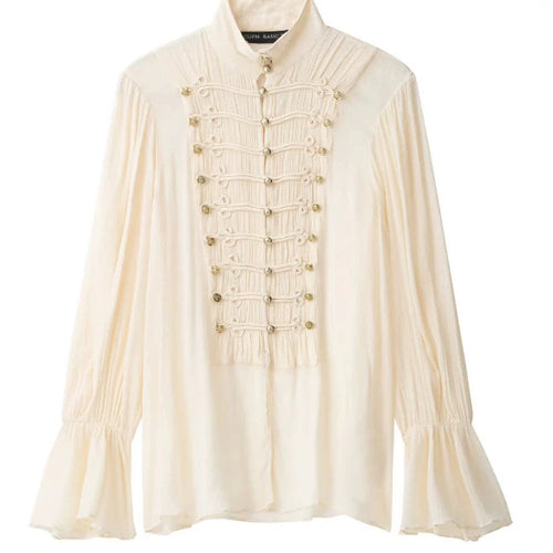 Damen Bluse im Military‑Plastron‑Look mit Stehkragen und Plisséeärmeln Drune