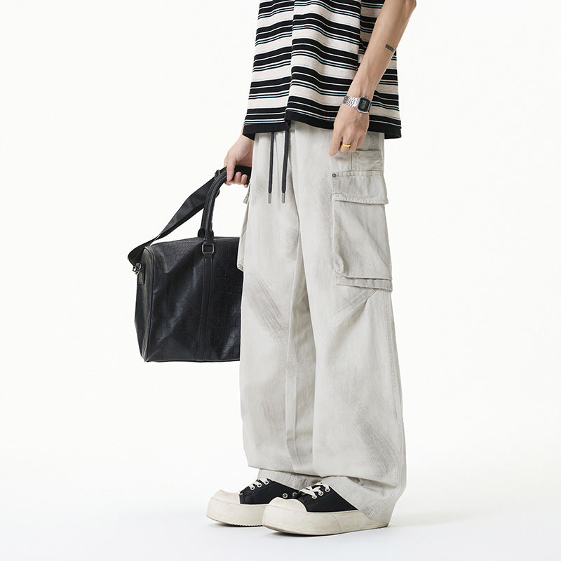 Damen Weite Cargo-Hose im Baggy-Stil mit Tunnelzugbund, Multifachtaschen und Used-Waschung Drune