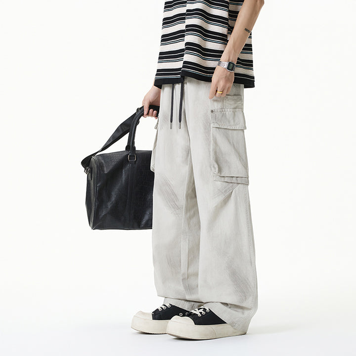 Damen Weite Cargo-Hose im Baggy-Stil mit Tunnelzugbund, Multifachtaschen und Used-Waschung Drune