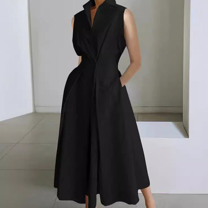 Damen Elegant geschnittenes Midi-Kleid mit tiefem V-Ausschnitt und praktischen Taschen Drune