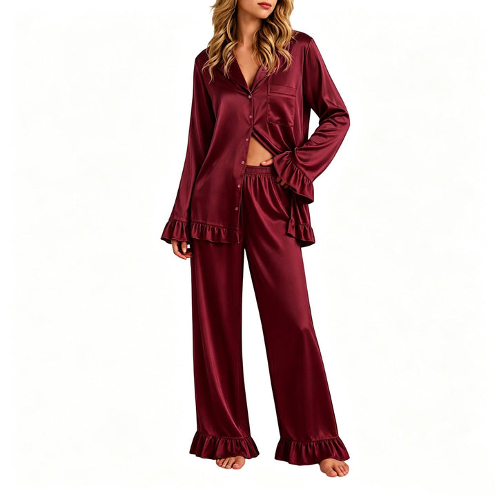 Damen Satin-Pyjama-Set mit Knopfhemd, weiten Palazzo-Hosen und Rüschensaum Drune