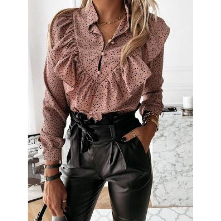 Damen Volantbluse mit Rüschenkragen, geraffter Taille und Tupfenprint Drune