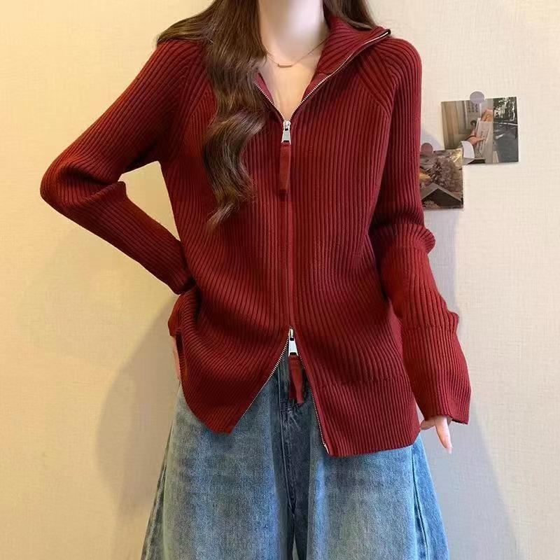 Damen modische Strickjacke mit durchgehendem Reißverschluss Drune