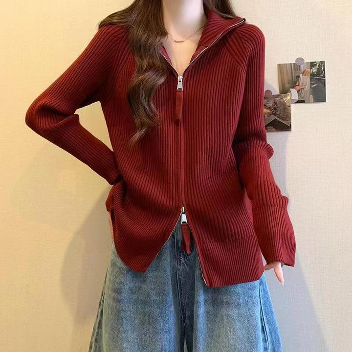 Damen modische Strickjacke mit durchgehendem Reißverschluss Drune