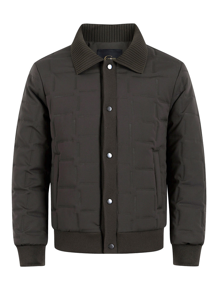 Herren Kurz geschnittene gesteppte Bomberjacke mit Rippenkragen, Druckknopfleiste und geometrischem Quilt Drune