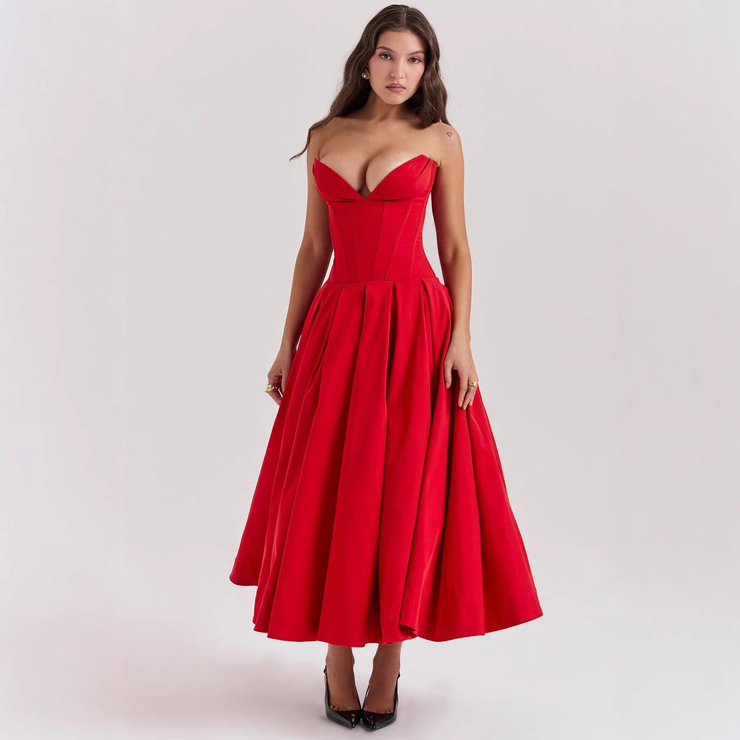 Damen nan trägerloses Korsett-Midikleid mit vorgeformter Miederkonstruktion und ausgestelltem Tellerrock Drune