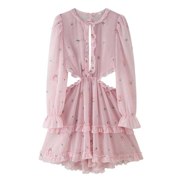 Damen Romantisches Chiffon-Minikleid mit Taillen-Cutouts, Volants und Puffärmeln Drune