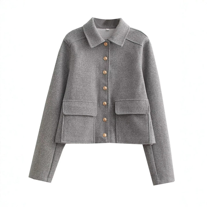 Damen Kurze Boxy-Wollmix-Jacke mit aufgesetzten Pattentaschen und goldfarbenen Zierknöpfen Drune