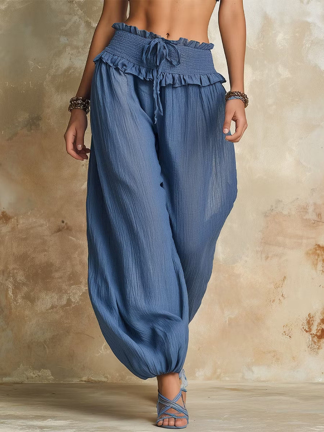 Damen Weite Haremshose mit gerafftem Smock-Bund und elastischen Knöchelabschlüssen Drune