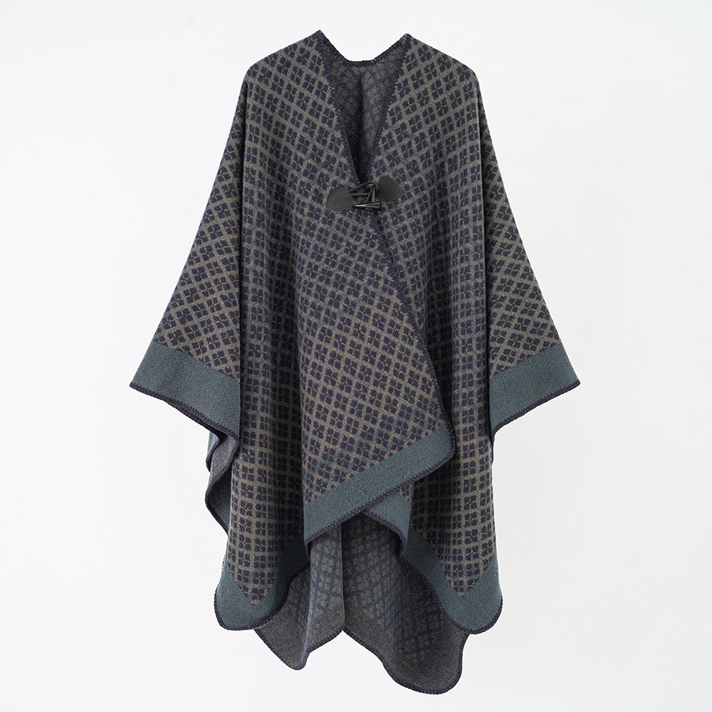 Damen Wollponcho mit geometrischem Karomuster und Knebelverschluss Drune