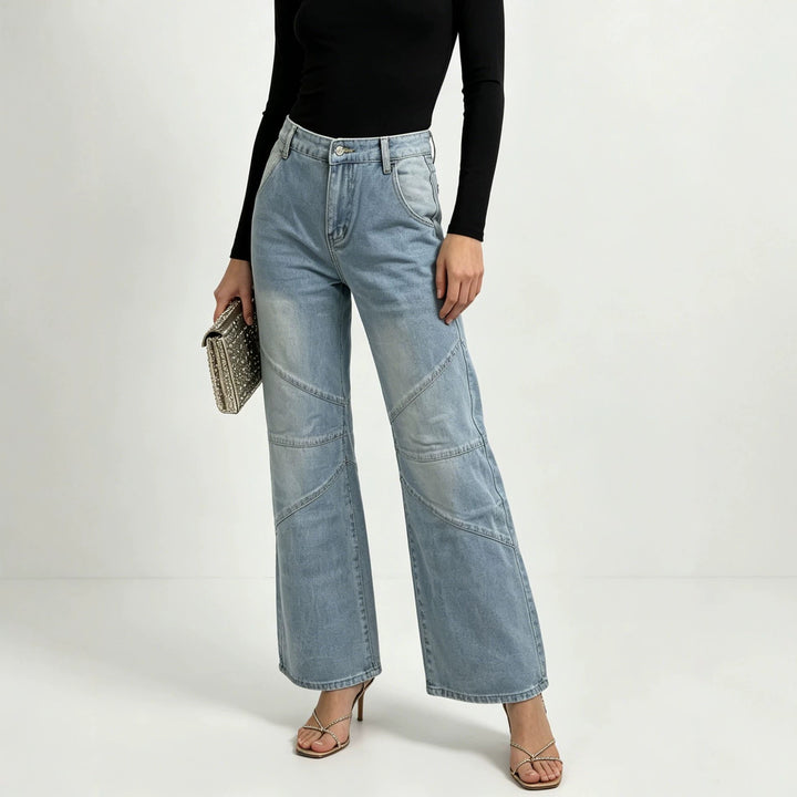 Damen nan weite Jeanshose mit hohen Bund, geschwungenen Ziernähten und weitem Bein Drune