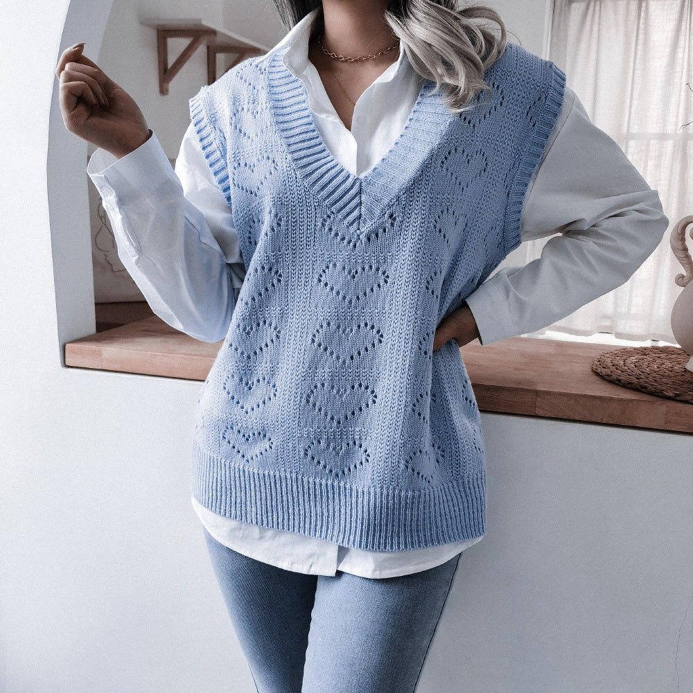 Damen Strickweste mit V-Ausschnitt und Herzmuster Drune