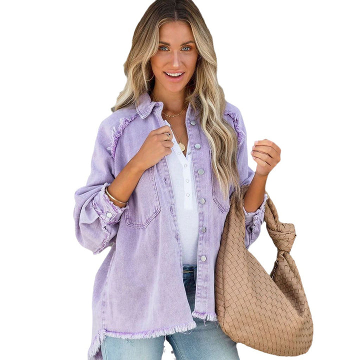 Damen lässige Overshirtjacke aus leichtem Denim mit fransigen Details Drune