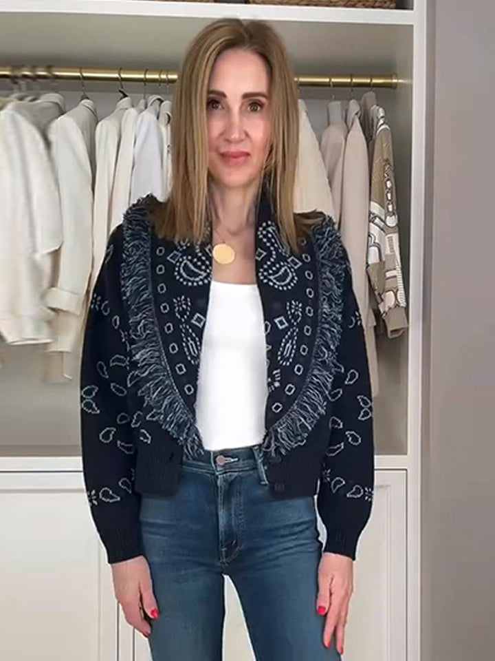 Damen gestrickte Cardigan mit fransigen Details und geometrischem Muster Drune
