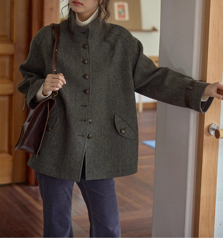 Damen Elegante und bequeme Wolljacke mit hohem Kragen Drune