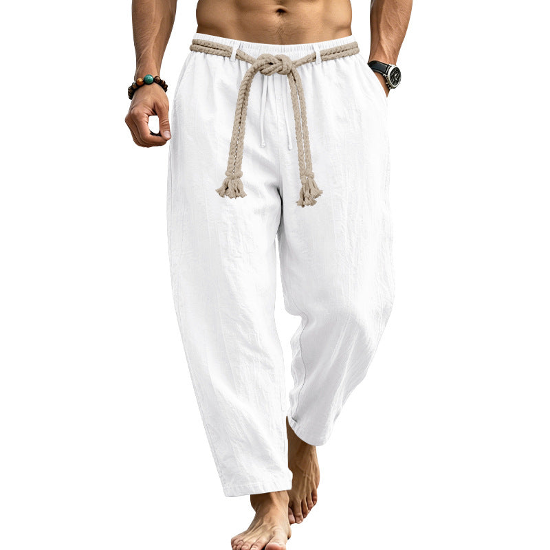 Herren lässige Leinen-Loungehose mit elastischem Bund, dekorativem Seilgürtel und Seitentaschen Drune