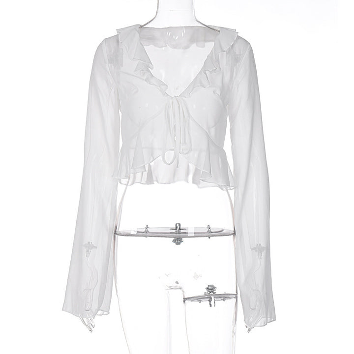 Damen Transparente Langarmbluse mit Rüschen und Bindegürtel Drune