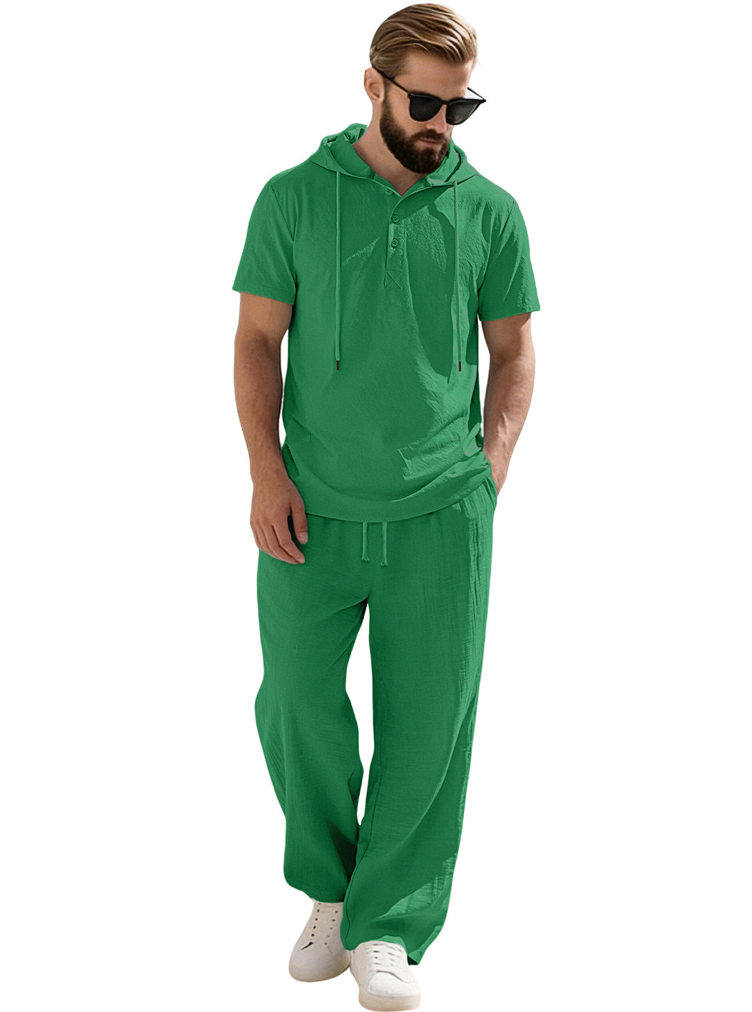 Herren nan lässiges Kurzarm-Kapuzenshirt im gekreppten Baumwollmix mit Henley-Knopfleiste Drune