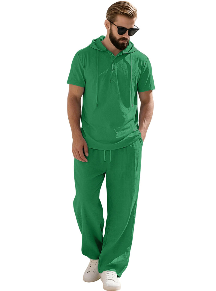 Herren nan lässiges Kurzarm-Kapuzenshirt im gekreppten Baumwollmix mit Henley-Knopfleiste Drune