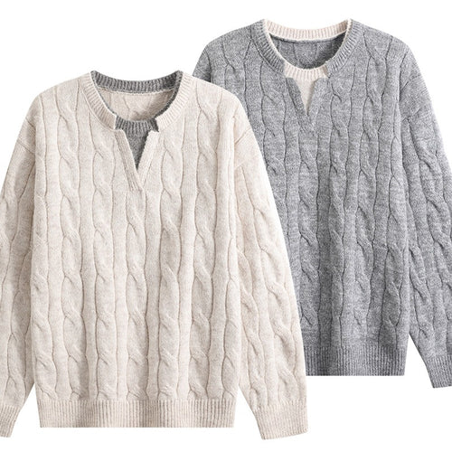Damen Oversize Zopfmuster-Pullover mit V‑Schlitzkragen Drune