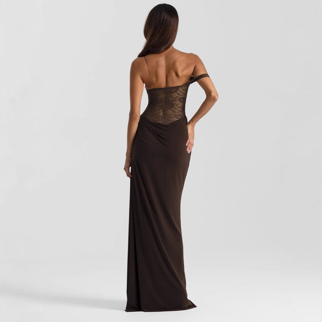 Damen Elegantes Cocktailkleid mit Spitzenoberteil und fließendem Rock Drune
