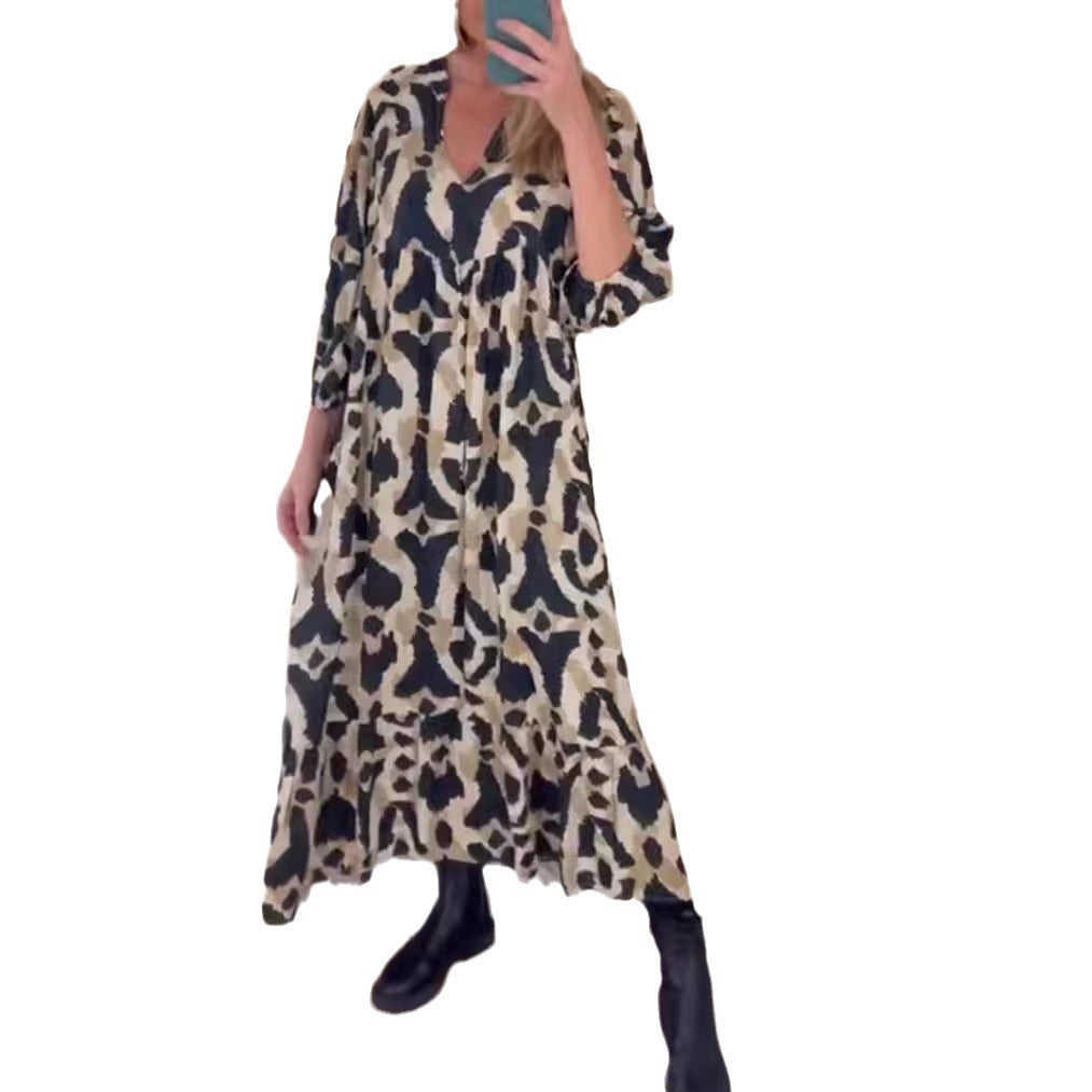 Damen nan weites Stufenmaxikleid mit V-Ausschnitt geraffter Brustpasse und Dreiviertelärmeln Drune