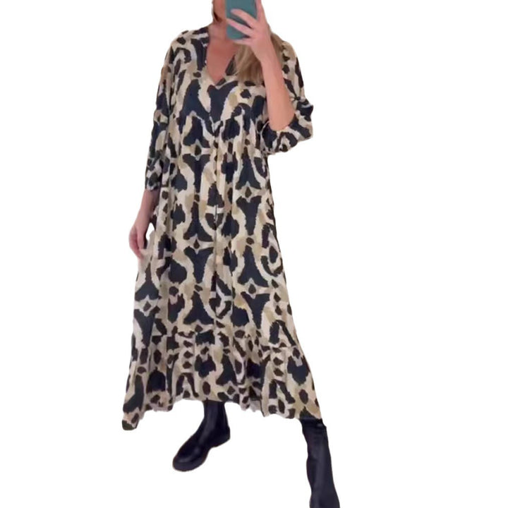 Damen nan weites Stufenmaxikleid mit V-Ausschnitt geraffter Brustpasse und Dreiviertelärmeln Drune