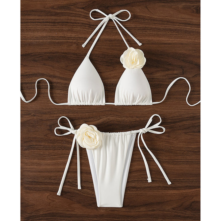 Damen Triangel-Bikini mit geflochtenem Rüschendesign und Blütendetail Drune