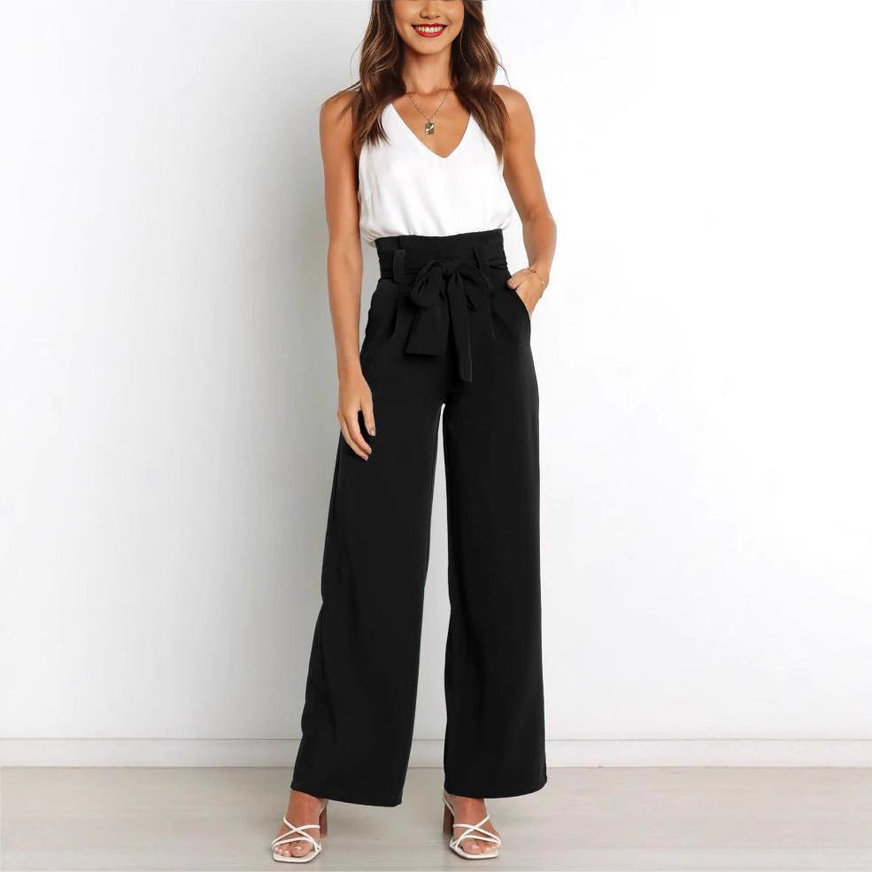 Damen elegante Hochbundhose mit Bindegürtel und weitem Bein Drune