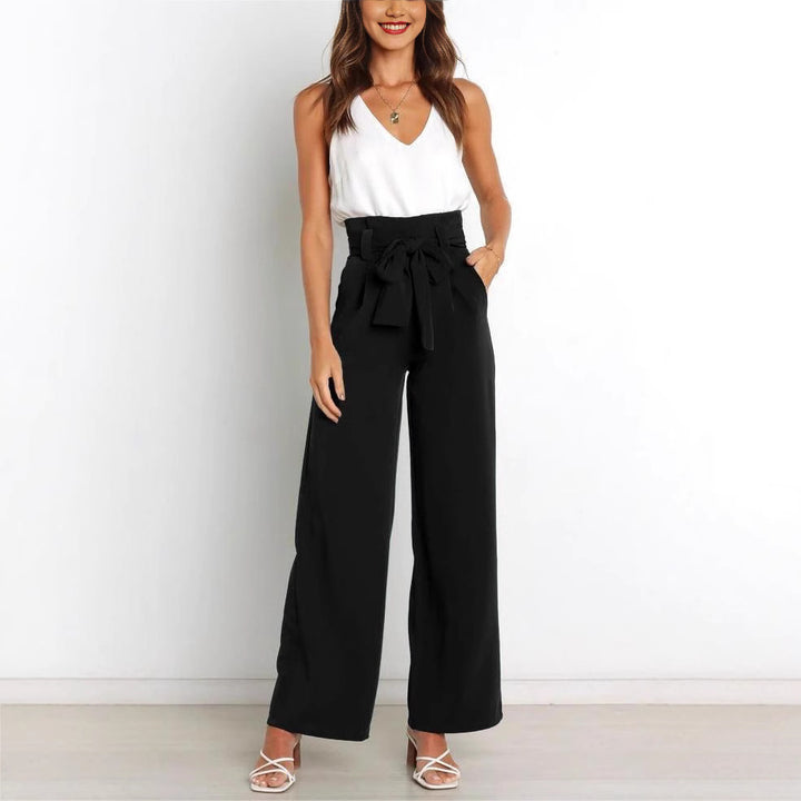 Damen elegante Hochbundhose mit Bindegürtel und weitem Bein Drune