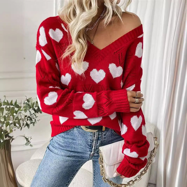 Damen kuscheliger Pullover mit herzförmigem Muster und V-Ausschnitt Drune