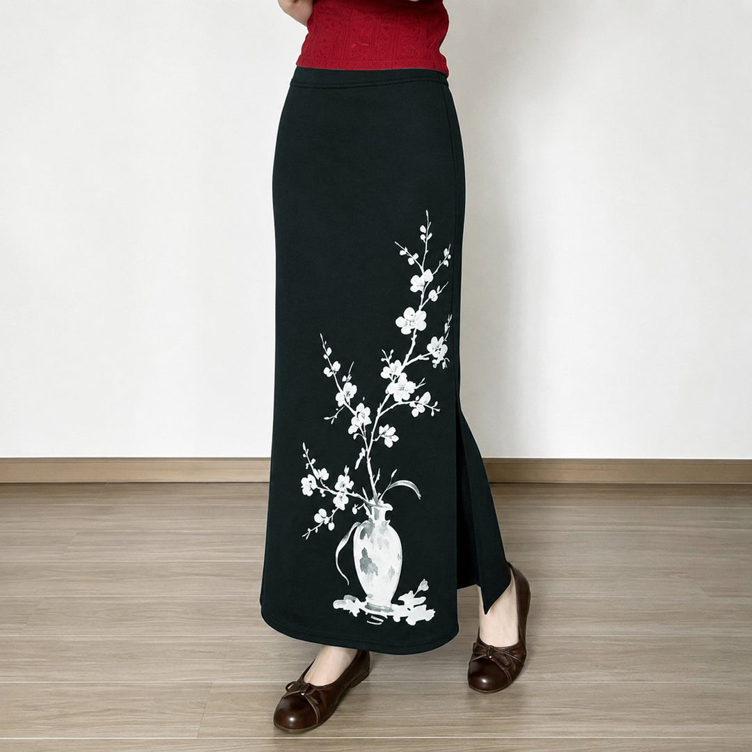 Damen nan ausgestellter Maxi-Rock mit A-Linien-Schnitt, elastischem Bund und floraler Aquarell-Vasen-Print Drune