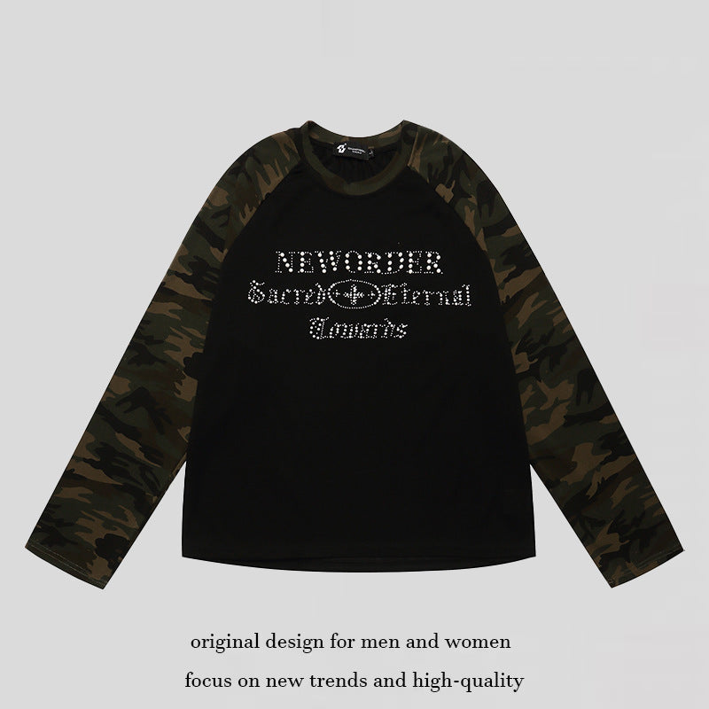 Damen Langarmshirt mit Camouflage‑Raglanärmeln und Strass‑Logoprint Drune
