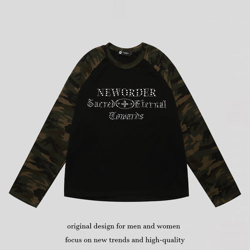 Damen Langarmshirt mit Camouflage‑Raglanärmeln und Strass‑Logoprint Drune