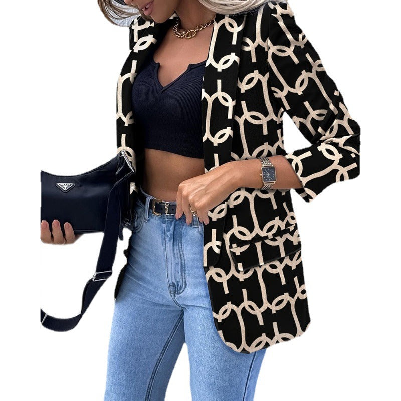 Damen Gemusterter Longblazer mit Kettenmuster, taillierter Silhouette und Pattentaschen Drune