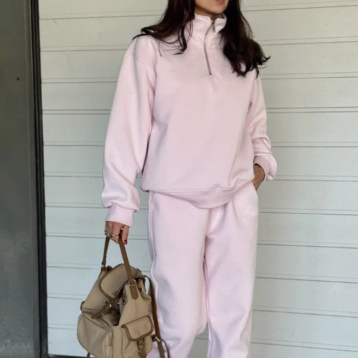 Damen Sweatset mit Halbreißverschluss, oversized Pullover und hochtaillierter weit geschnittener Jogginghose Drune