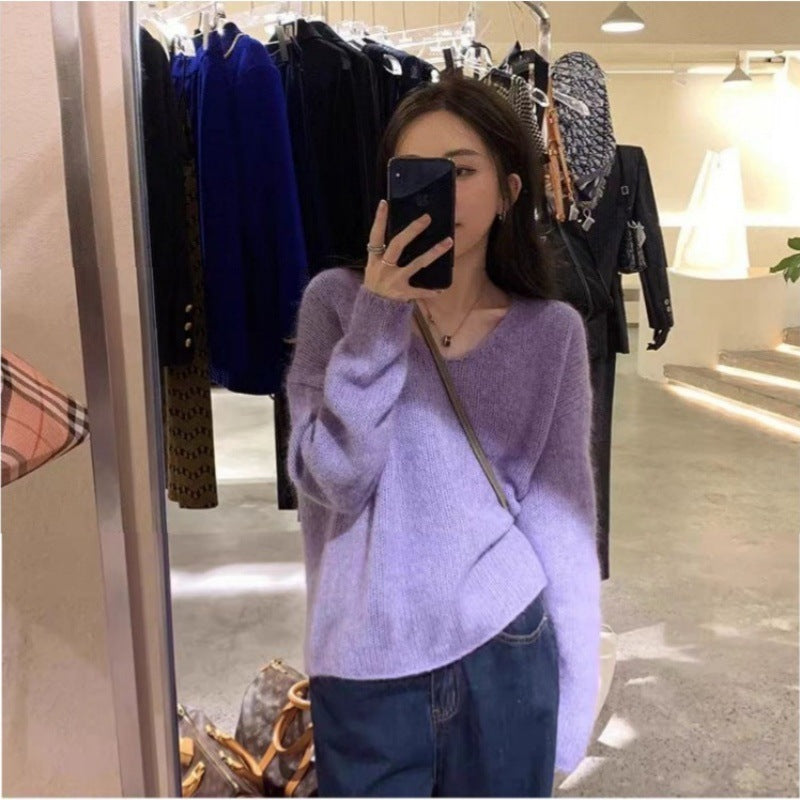 Damen Oversize V‑Ausschnitt Mohair‑Look Pullover mit Angora‑Optik und überschnittener Schulter Drune