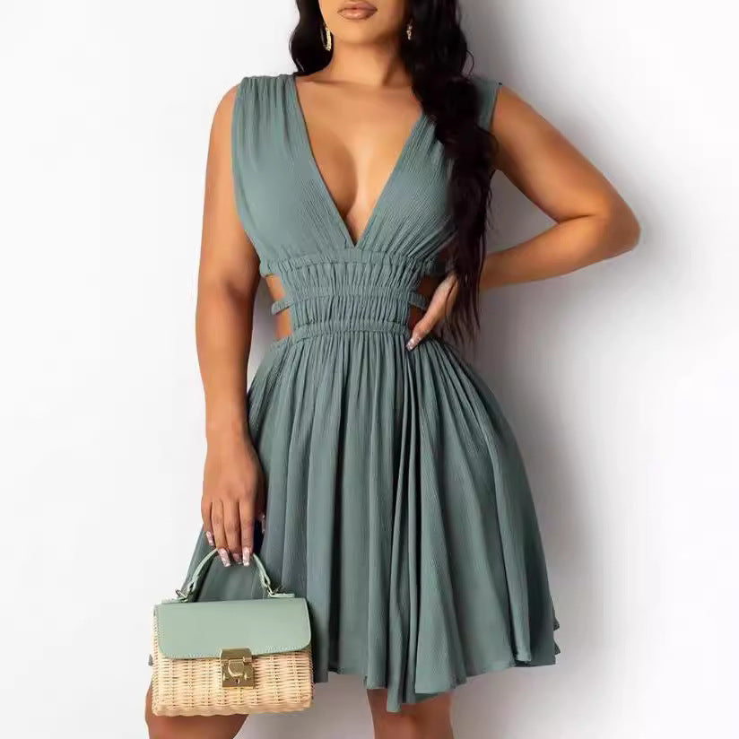 Damen Sommerliches Cut-Out Kleid mit V-Ausschnitt und Raffung Drune