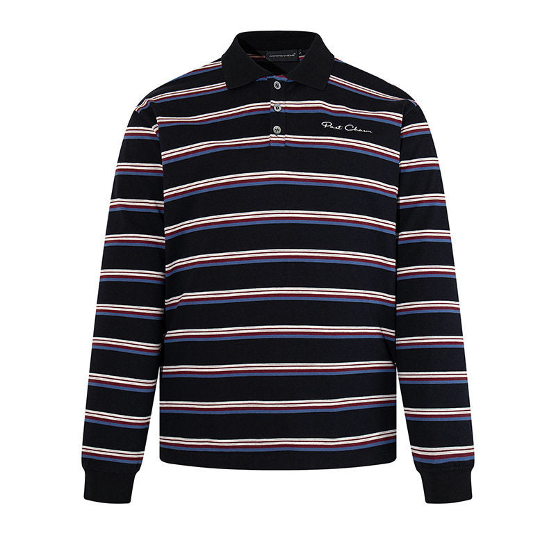 Herren Langarm-Poloshirt mit Retro-Streifen, Rippbündchen und Knopfleiste Drune